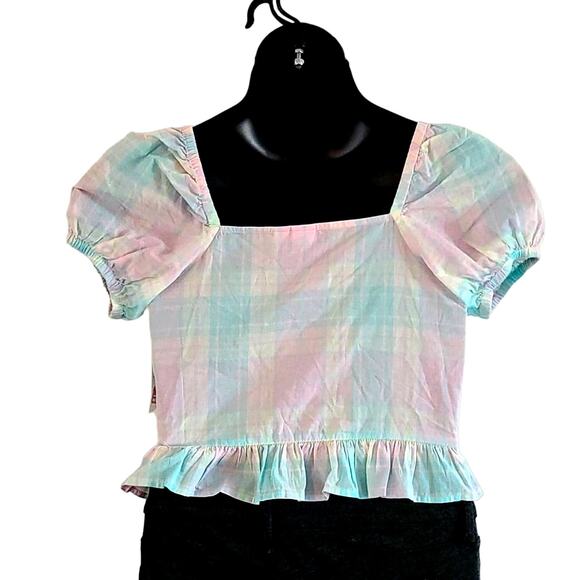 NWOT Abound Women Pink Teal Plaid Adley FrontTie Short Sleeve Crop Blouse Small - Picture 6 of 6